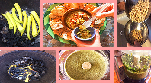 Spicy-char hummus is made by grilling/smoking the hot peppers and then add to your Hummus! Great way to keep the grill flavors when the weather turns colder! Our photo collage shows the different steps to make spicy-char hummus.