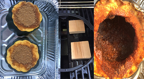 The three stages of preparing acorn squash on the grill-propped-cooking over wood-finished product!