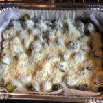 Our mixture of smoked Brussels sprouts and the bechamel sauce in our pan ready for cooking in our oven at 350 degrees for 25 minutes.