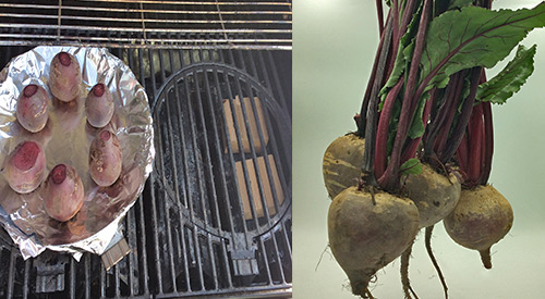 Wood-fired Smoked Beets before and in the offsetting smoking position on the gas grill with single filet wood chunks!