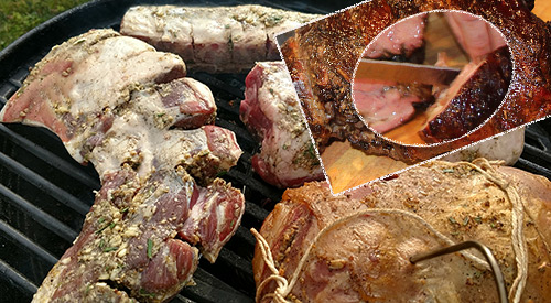 Our collage of cooking the leg of lamb, finished and cut leg of Lamb