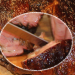 The cut slice of our leg of lamb surrounded by our colorful wood fired finished product!