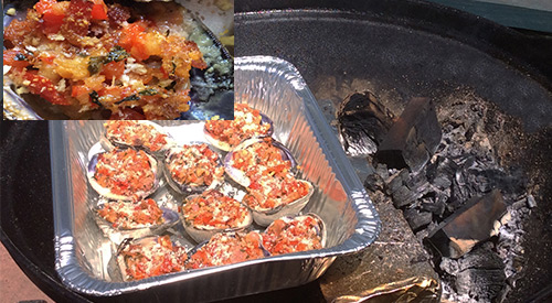 Our wood-fired clams casino on the offset grill with brick and the finished product