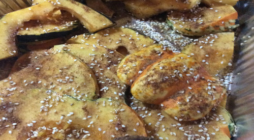 Our winter squash sliced and seasoned with Cumin and ready for the grill!