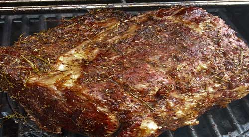 Our gorgeous color on our Grilled Prime Rib with wood on the gas Grill- Yum!