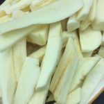 The parsnips have been clean of the outer skin, washed and sliced to size 
