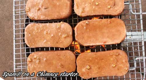 Grilling our Spam® on a chimney starter for a quick preparation for Asian sliders- yes we used Spam® 